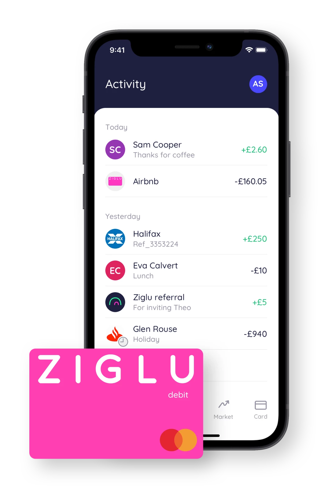 Ziglu app activity page and debit card