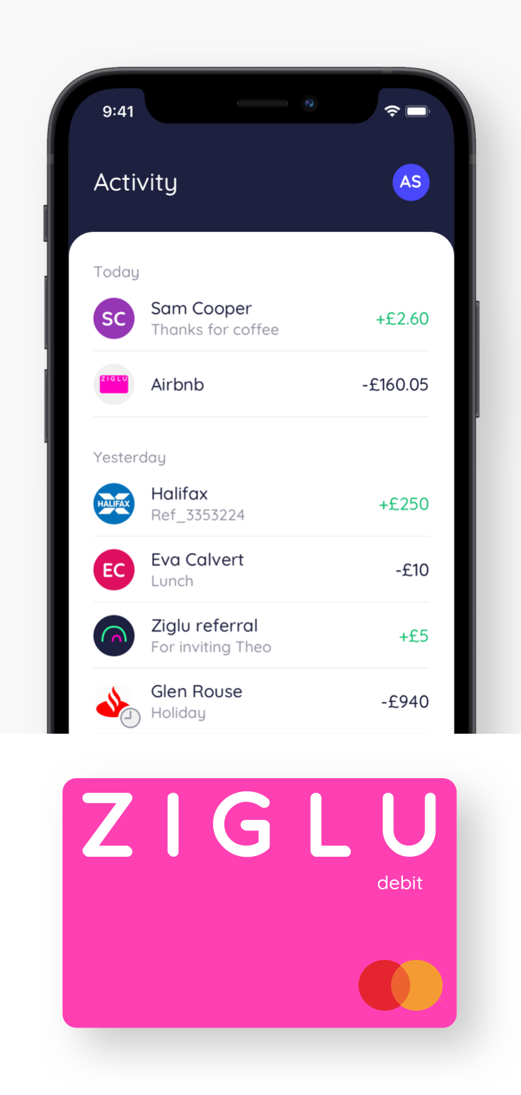 Ziglu app activity page and debit card