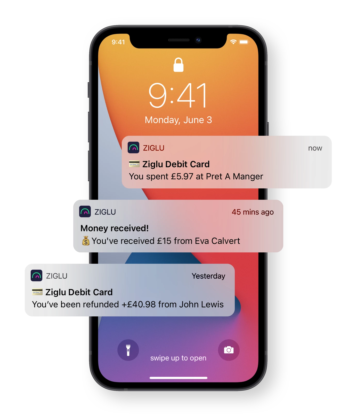 Notifications screen showing activity for debit card spending and receiving money.